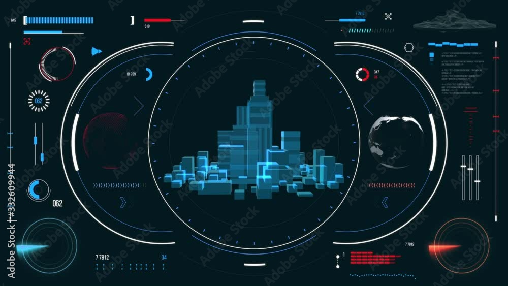 Futuristic urban navigation user interface with city HUD and infographic elements. Virtual digital technology background. Head-up display template for business, games, motion design, web and app.