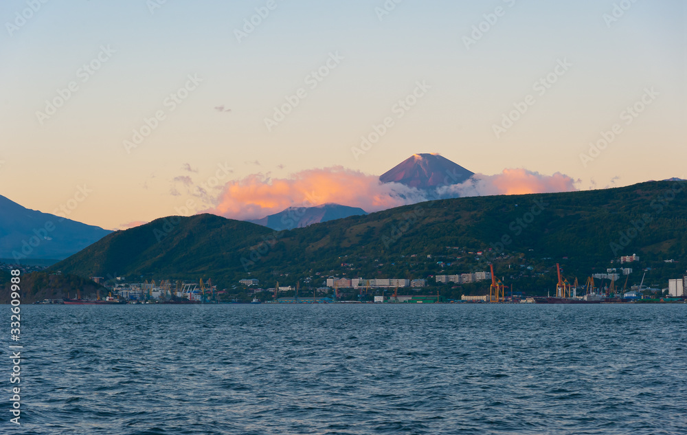 View from Avacha Bay to Petropavlovsk-Kamchatsky, Kamchatka. Evening.