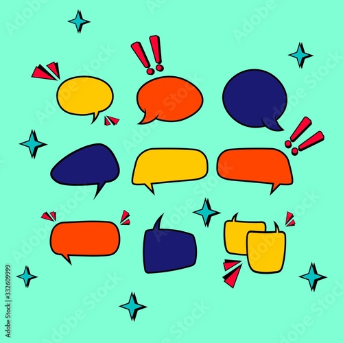 Retro empty comic bubbles in bright colors or speech and thought icon set on isolated background. Pop art style, vintage design. EPS 10 vector.