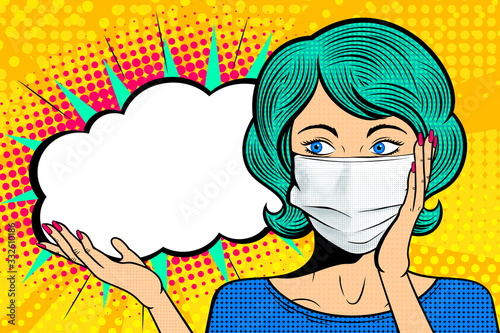 Pop art female face in medical mask. Comic woman with speech bubble. Retro halftone background. Healthcare vector illustration.