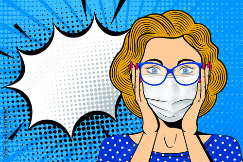 Pop art female face in medical mask. Shocked blonde woman in glasses with speech bubble. Retro dotted background. Healthcare vector illustration.