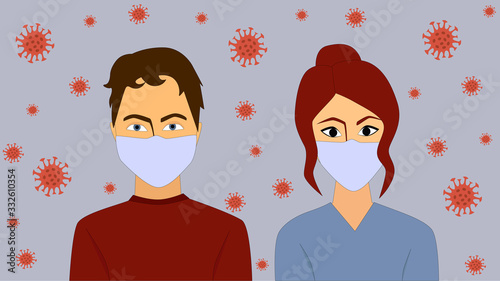 Young Caucasian woman and man, couple portrait with face mask close-up. Male and female people in medical masks to prevent flu, virus. Coronavirus, covid-19 cells in air. Healthcare concept
