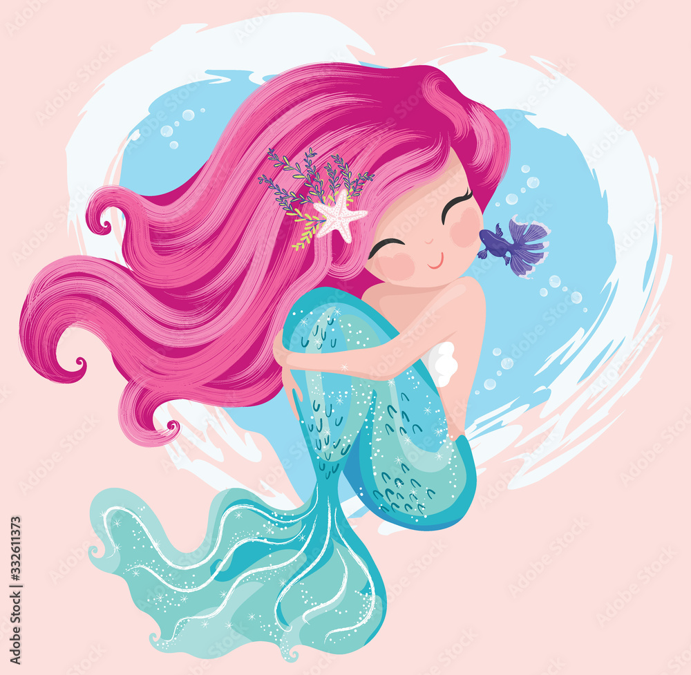 Little cute mermaid with fishes and seashells. Book illustration