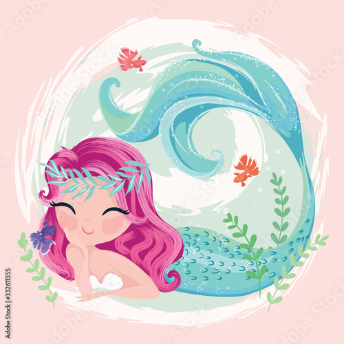 Canvastavla Little cute mermaid with fishes and seashells