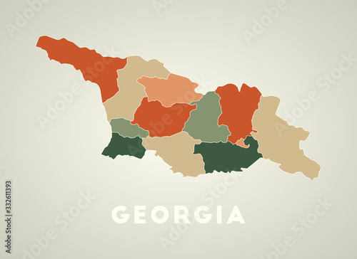 Georgia poster in retro style. Map of the country with regions in autumn color palette. Shape of Georgia with country name. Superb vector illustration.