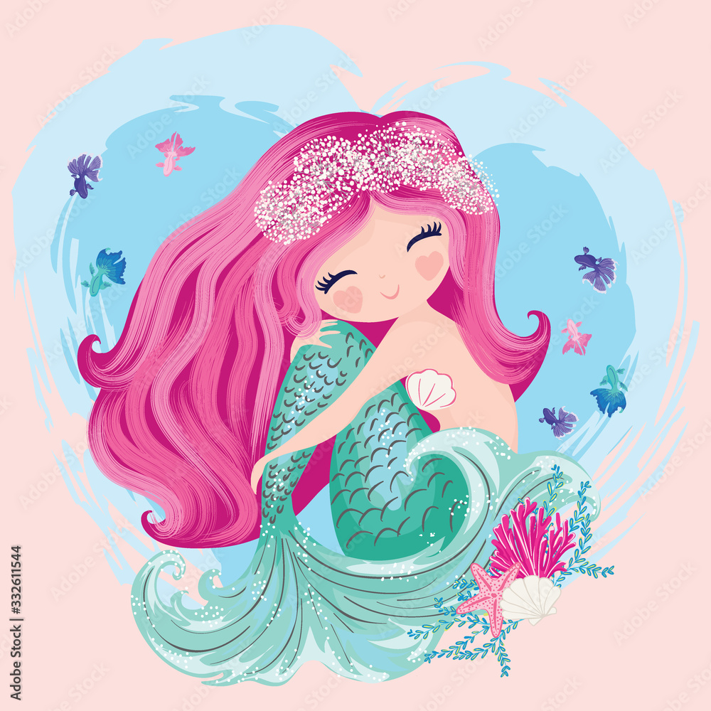 Little cute mermaid with fishes and seashells. Book illustration, fashion artworks, t shirt graphics. Little cute mermaid with fishes and seashells. Book illustration, fashion artworks, t shirt graphics.