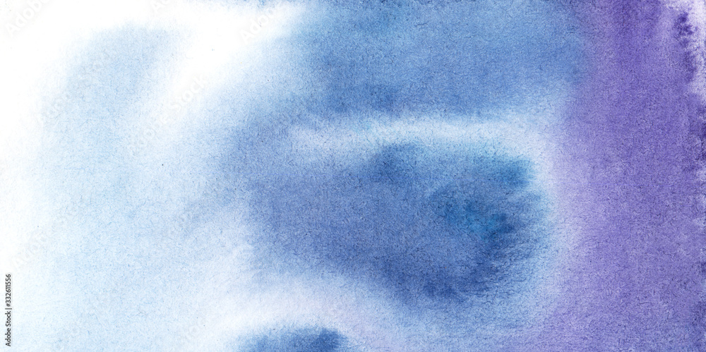 Abstract watercolor background of delicate blue sky. Peaceful and beautiful gradient sky of bright blue shade transforms to pure white. Сloud is twisted into bizarre spiral. Hand drawn illustration