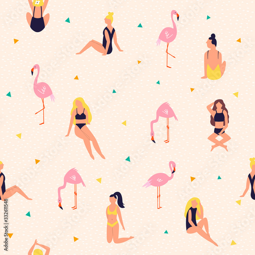 Summer seamless pattern with beautiful girls