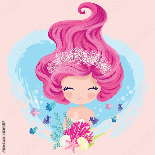 Little cute mermaid with fishes and seashells. Book illustration, fashion artworks, t shirt graphics.