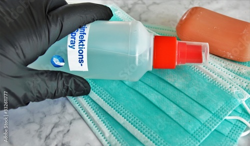 bacteria, black, blue, bottle, cleanliness, close-up, closeup, daytime, disinfection, disposable, gloves, horizontal, hygiene, isolated, latex, lighting, masks, natural, plastic, prevention, protectiv photo