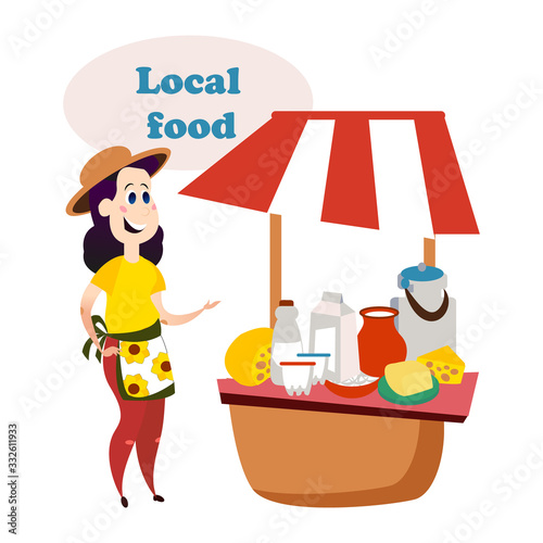 Multifunctional milky products. Farm lady selling on the market.