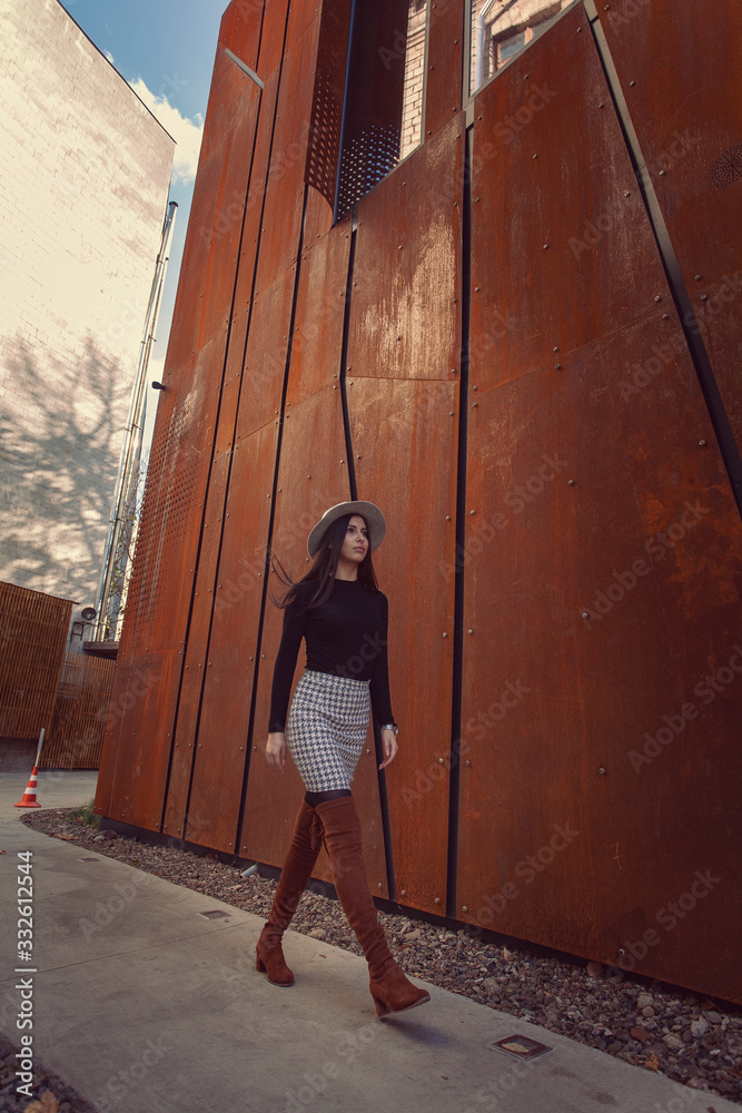 Beautiful girl model posing against the background of the modern building