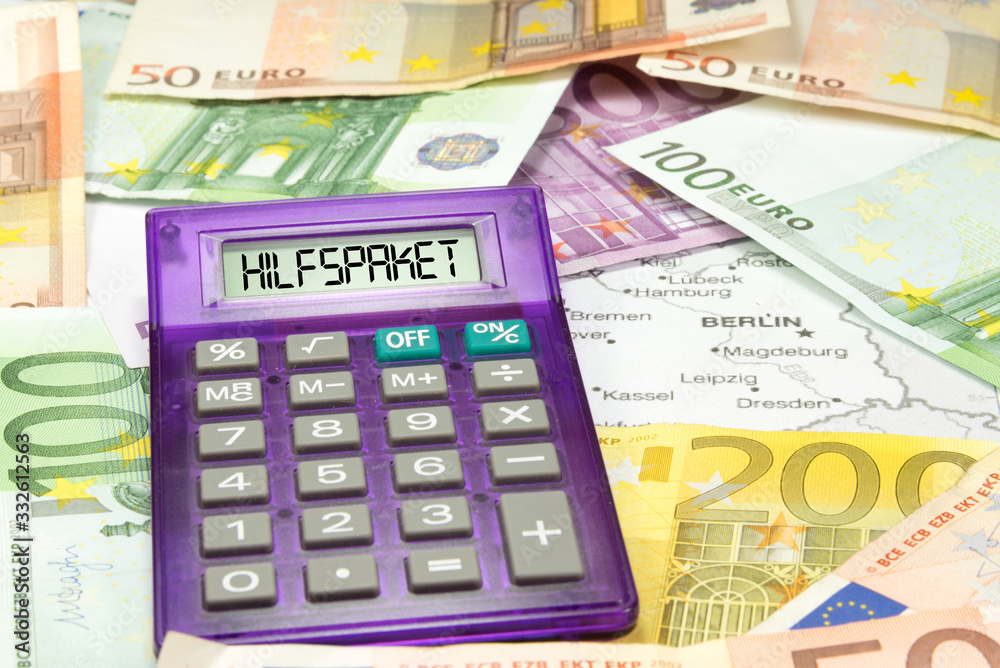 Euro Geldscheine, Karte von Deutschland, Taschenrechner und Hilfspaket für die Wirtschaft Euro Geldscheine, Karte von Deutschland, Taschenrechner und Hilfspaket für die Wirtschaft