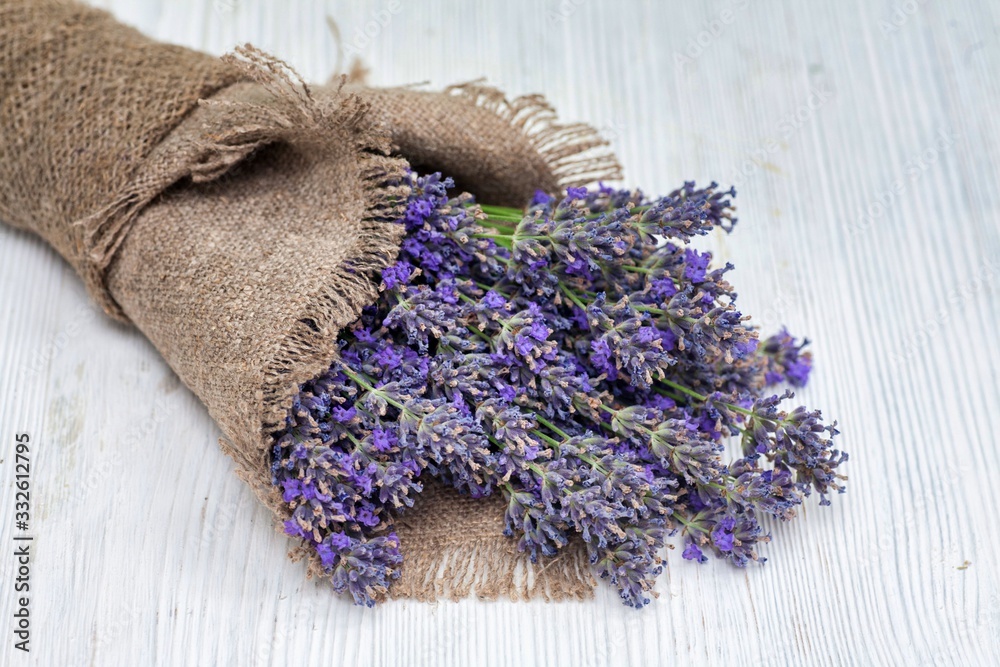 Lavender in linen sack isolated on white background Lavender in linen sack isolated on white background