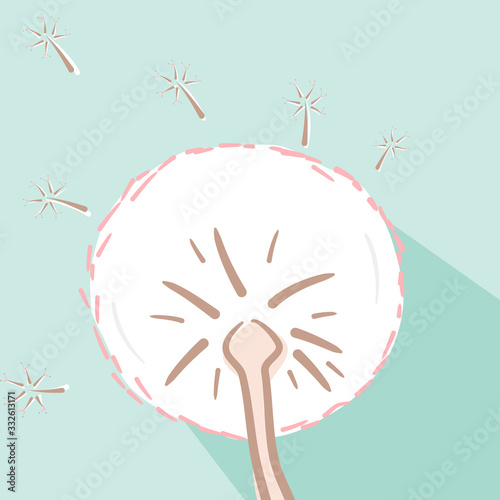 Vector of dandelion flower and frying seeds to the wind air isolated on green or blue shadow background 