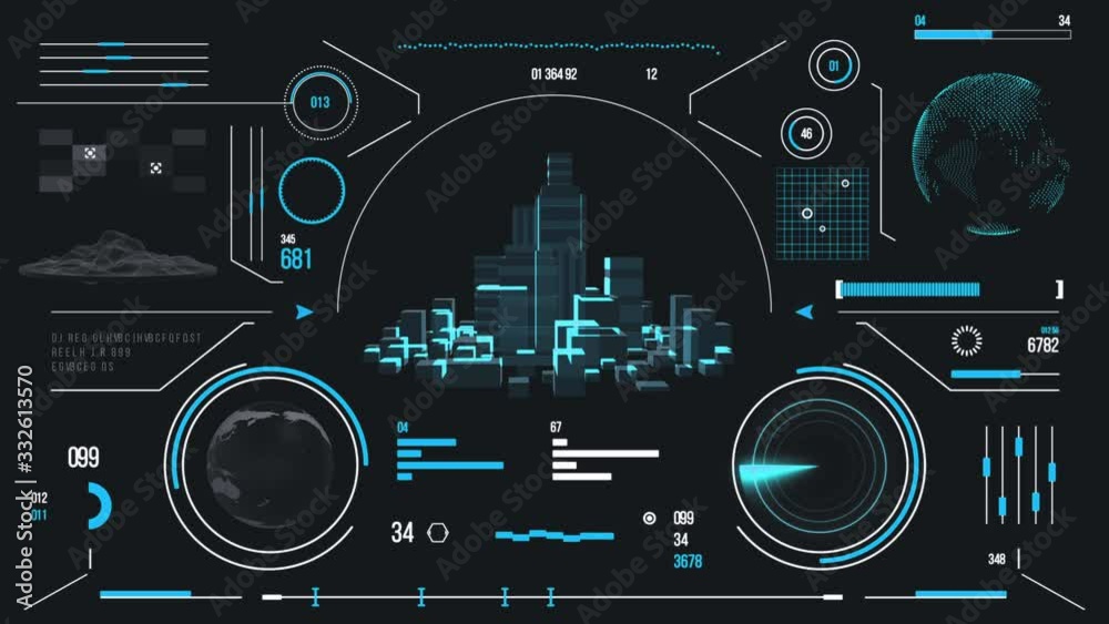 Futuristic urban navigation user interface with city HUD and infographic elements. Virtual digital technology background. Head-up display template for business, games, motion design, web and app.