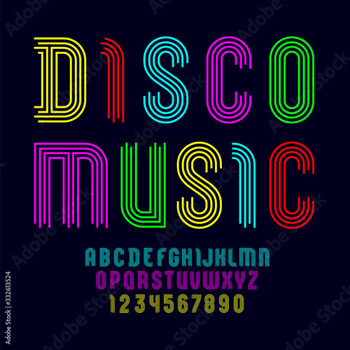 Neon font sans serif, alphabet from four parallel stripes, capital Latin letters from A to Z and Arab numbers from 0 to 9 for you designs, vector illustration 10EPS