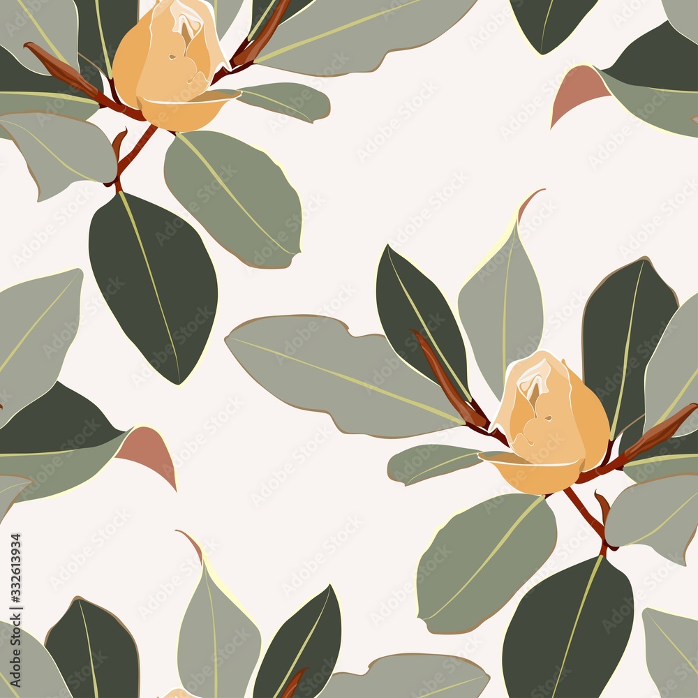 Floral seamless pattern, yellow Anise magnolia flowers and leaves on light brown, pastel vintage colors.
