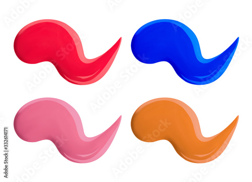 Set with four liquid sample smear of lipstick or gel nail polish cosmetic isolated on white background. Texture, top view. Pantone living coral, candy pink, blue and turmeric.