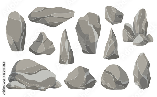 Rocks and stones single or piled for damage and rubble. Large and small stones. Set of flat design icons. Vector illustration for game art architecture design