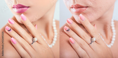 Before and after retouching nail art design in editor. Beauty fashion portraits of woman with makeup and manicure edited
