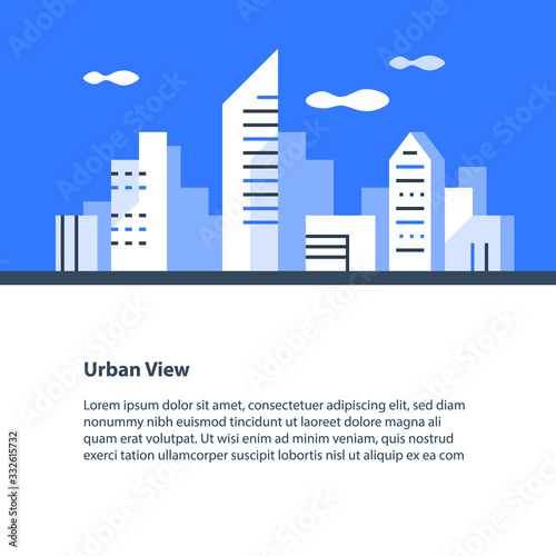 Horizontal cityscape, urban area, downtown panorama, apartment buildings