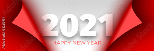 Happy New Year 2021 poster. Red ribbon with curved edges on white background. Sticker. Vector illustration.