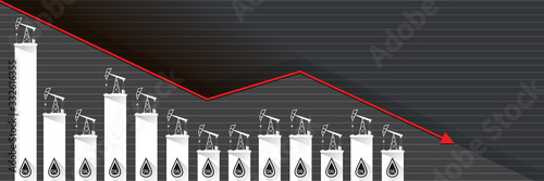 Oil price falling down graph vector concept horizontal banner with arrows and oil rigs isolated on grey background. vector business market illustration background