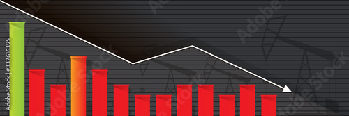 Oil price falling down graph vector concept horizontal banner with arrows and oil rigs isolated on grey background. vector business market illustration background