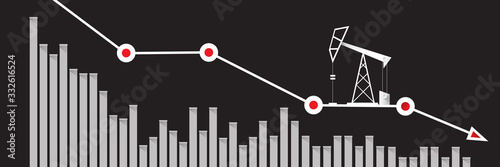 Oil price falling down graph vector concept horizontal banner with arrows and oil rigs isolated on grey background. vector business market illustration background