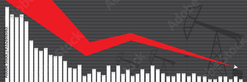 Oil price falling down graph vector concept horizontal banner with arrows and oil rigs isolated on grey background. vector business market illustration background