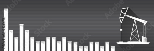 Oil price falling down graph vector concept horizontal banner with arrows and oil rigs isolated on grey background. vector business market illustration background