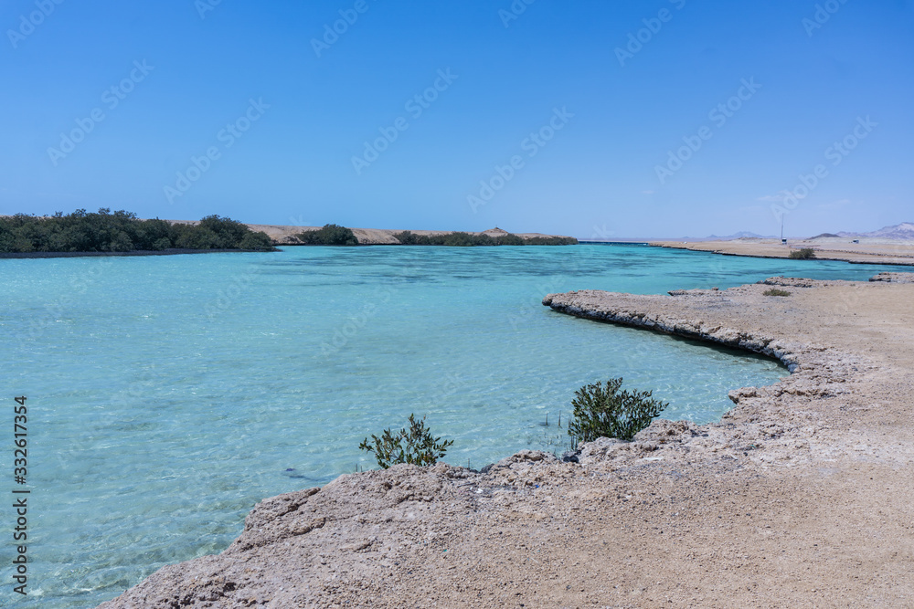 Clear lake or sea with light rocky shores or hard sand of the beach and small green vegetation