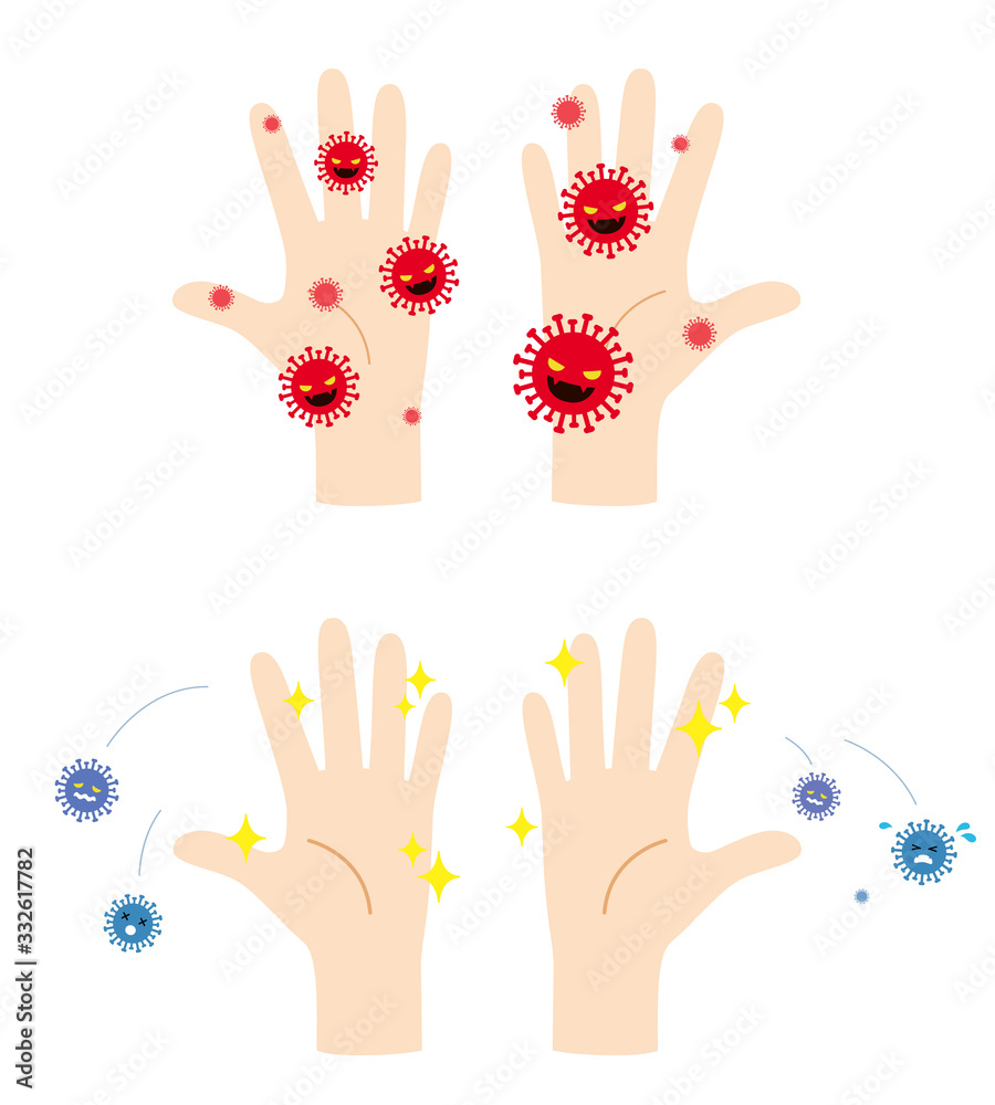 手とウイルス消毒 イラストセット Stock Vector Adobe Stock
