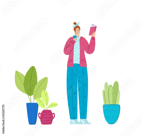 Woman reading book at home and drinking hot coffee, girl student read and study, literature fan concept, modern flat cartoon textured people character isolated on white - vector illustration