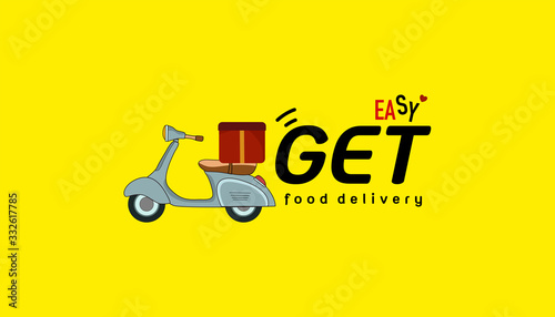 Use food delivery service for prevent the spread of the virus.get easy to eat. Food delivery services adsvertisement isolated on yellow background .