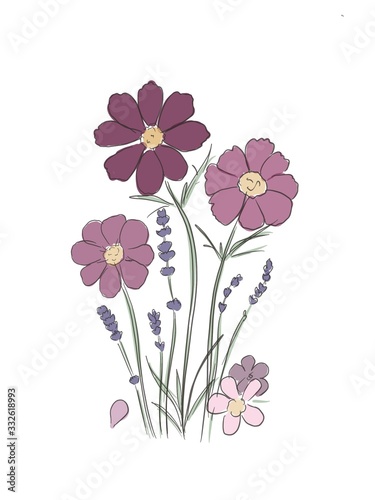Fototapeta Naklejka Na Ścianę i Meble -  Flower bouquet. Floral frame. Flourish greeting card. Blooming flowers isolated on white background