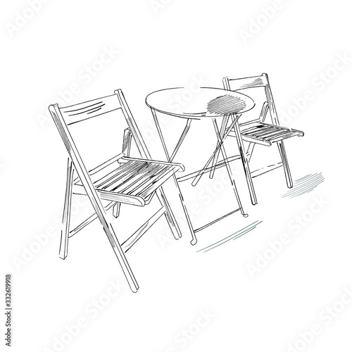 table and chairs for cafe, hand-drawn, sketch, garden furniture