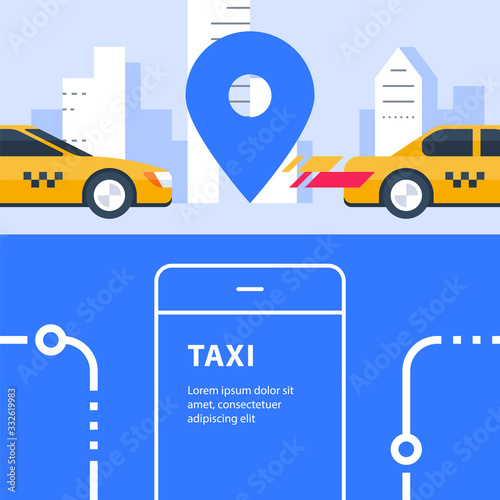 Ordering taxi, auto transport service, rental car, city transfer, map pointer and urban street