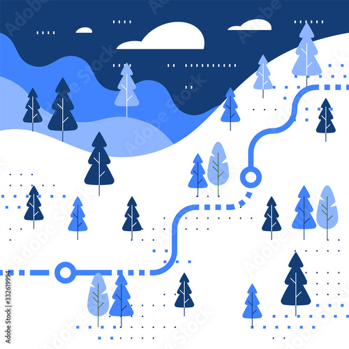 Winter skiing slope map, snow forest, trail walking, running or cycling path, orienteering game