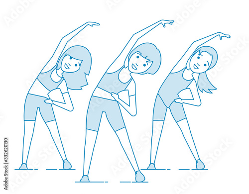 Aerobics. Train create a beautiful figure. Pulling muscles of women. Dropping excess fat. Vector illustration.