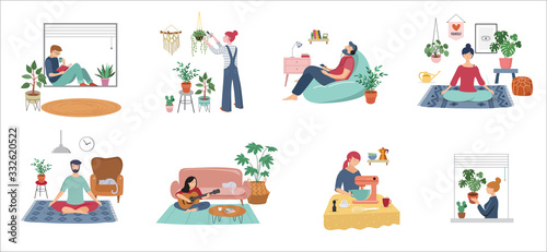 Quarantine, stay at home concept series - people sitting at their home, room or apartment, practicing yoga, enjoying meditation, relaxing on sofa, reading books, baking and listening to the music. 