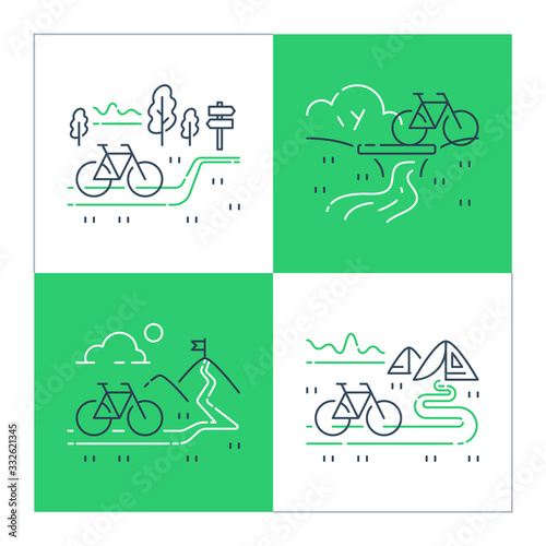 Outdoor cycling and camping concept, riding bicycle trip, nature tourism, summer tour, forest and mountain trail