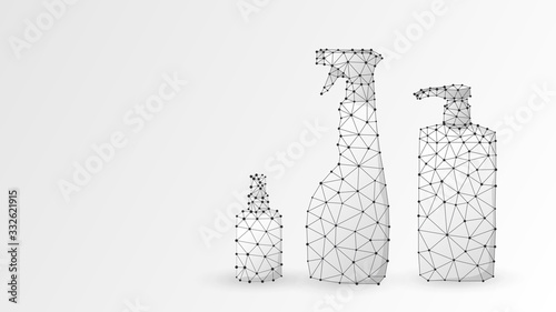 Hand sanitizer bottles set. Antibacterial spray, hygienic liquid, disinfection gel. Low poly, wireframe 3d vector illustration. Abstract, polygonal image on white origami background