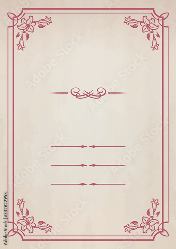 花を使ったレトロなノート風フレームと古紙テクスチャ