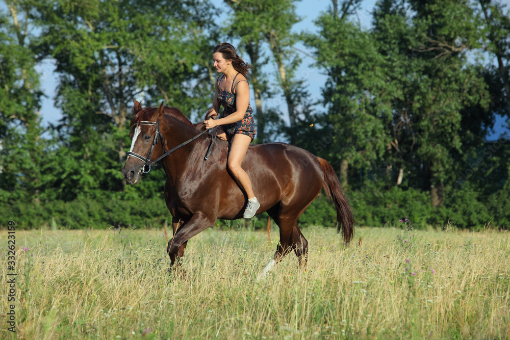 Beautiful girl riding on a horse bareback in evening summer fields Beautiful girl riding on a horse bareback in evening summer fields
