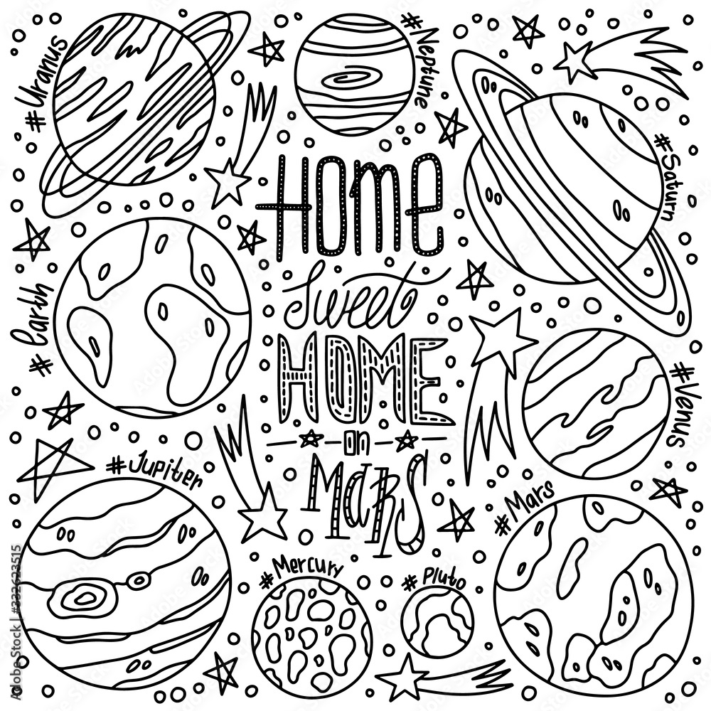 Obraz premium Hand drawn vector illustration with cartoon solar sistem planets Saturn, Earth, Neptune, Jupiter. Space lettering. Great for posters and banners. Future concept. Sweet home on Mars.