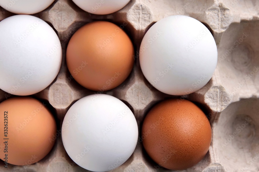 Brown and white chicken eggs in cardboard egg tray. Organic egg for healthy protein breakfast. Easter symbol. Raw chicken eggs. Brown and white chicken eggs in cardboard egg tray. Organic egg for healthy protein breakfast. Easter symbol. Raw chicken eggs.