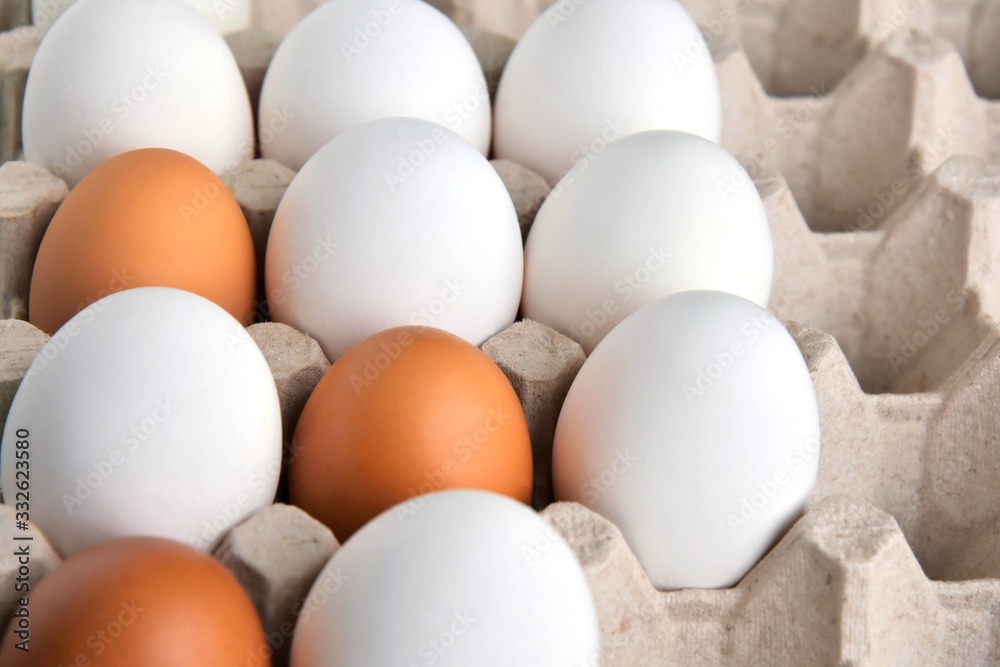 Brown and white chicken eggs in cardboard egg tray. Organic egg for healthy protein breakfast. Easter symbol. Raw chicken eggs. Brown and white chicken eggs in cardboard egg tray. Organic egg for healthy protein breakfast. Easter symbol. Raw chicken eggs.
