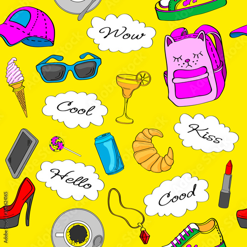 Seamless pattern with woman shopping objects. Vector background. Hand drawn doodle sketch fashion clother illustration. Cute overlays for photos on the blog. with funny inscriptions